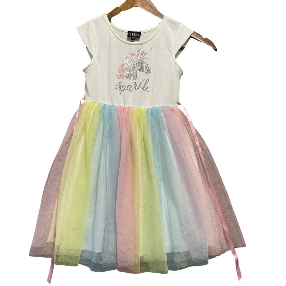 Lilt Tutu Dress Girls Sz 6 White Rainbow Unicorn Sparkle Rhinestone Tulle Party